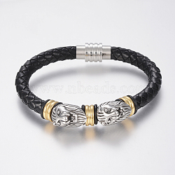 Braided Leather Cord Bracelets, with 304 Stainless Steel Beads Findings and Magnetic Clasps, Lion, Black, 8-5/8 inch(220mm), 20x11.5mm(BJEW-H560-21)