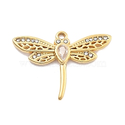 304 Stainless Steel Pendant, with Rhinestone, PVD Vacuum Plating, Dragonfly, Real 18K Gold Plated, 22x29x3.5mm, Hole: 1.7mm(STAS-R155-033G)