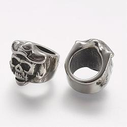 304 Stainless Steel Slide Charms, Skull, Large Hole Beads, Antique Silver, 11x13x12mm, Hole: 8mm(STAS-K132-061AS)