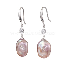 Natural Pearl Dangle Earrings, with Sterling Silver Micro Pave Clear Cubic Zirconia Findings, Oval, Platinum, 35x12mm(EJEW-P286-34P)