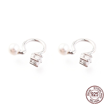 Rhodium Plated 925 Sterling Silver Cuff Earrings, with Cubic Zirconia and Shell Pearl Round Beads, with S925 Stamp, White, Platinum, 11x12x4mm