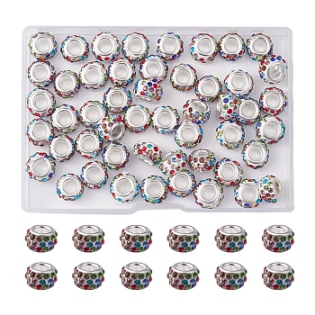 50Pcs Polymer Clay Rhinestone European Large Hole Beads, with Silver Color Plated Brass Cores, Rondelle, Colorful, 11~12x7~7.5mm, Hole: 5mm