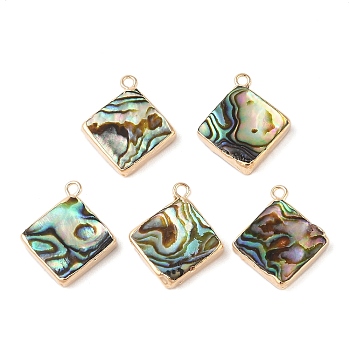 Natural Paua Shell Pendants, Rhombus Charms with Brass Edge, Golden, 22x19x3.5mm, Hole: 1.8mm