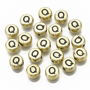 Plating Acrylic Beads, Horizontal Hole, Flat Round with Letter, Golden Plated, Black, Letter.Q, 7x4mm, Hole: 1.2mm.