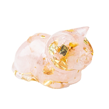 Resin Cat Display Decoration, with Natural Rose Quartz Chips inside Statues for Home Office Decorations, 43x26x28mm