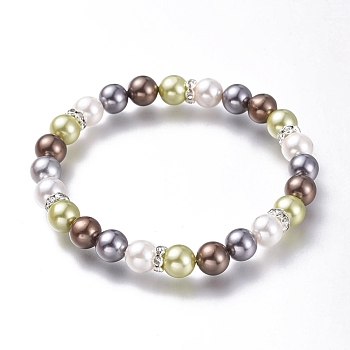 Round Shell Pearl Stretch Beaded Bracelets, with Brass Rhinestone Spacer Beads, Colorful, Inner Diameter: 2-1/4 inch(5.7cm)