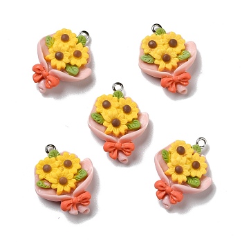 Opaque Resin Pendants, with Platinum Tone Iron Loops, Sunflower, Gold, 27.5x21.5x6.5mm, Hole: 2mm