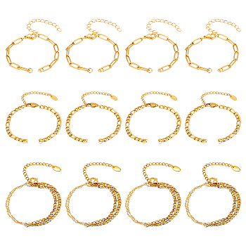 12Pcs 3 Style 304 Stainless Steel  Chain Bracelet Making, with Lobster Claw Clasps, Fits for Connector Charms, Golden, 5-3/4~6-3/8 inch(14.5~16.1cm),  4pcs/style