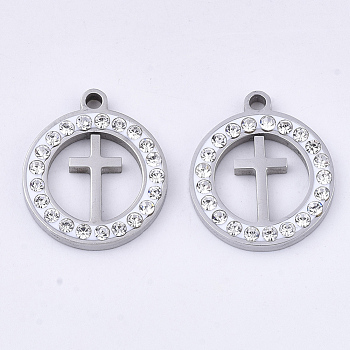 201 Stainless Steel Pendants, with Polymer Clay Crystal Rhinestone, for Religion, Flat Round with Cross, Stainless Steel Color, 17x15x2mm, Hole: 1.6mm