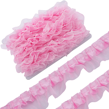 10M 2-Layer Polyester Pleated Lace Trim Ribbon, Organza Trimming, for DIY Decorative Clothes, Pink, 1-5/8 inch(40mm), about 10.94 Yards(10m)/Card