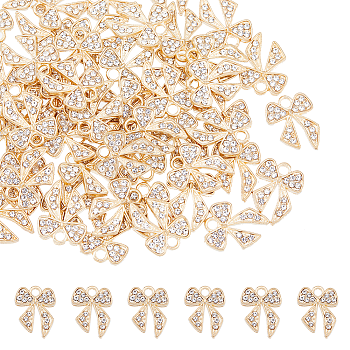 60Pcs Alloy Pendants, with Crystal Rhinestone, Bowknot, Light Gold, 16x12.5x2mm, Hole: 2mm