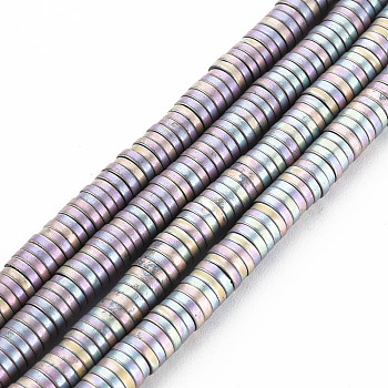 Electroplate Non-magnetic Synthetic Hematite Beads Strands, Matte Style, Heishi Beads, Disc/Flat Round, Rainbow Plated, 4x1mm, Hole: 1mm, about 430pcs/strand, 16.1 inch