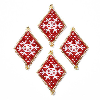 MIYUKI & TOHO Japanese Seed Beads, Handmade Links, Rhombus with Snowflake Loom Pattern, FireBrick, 42.5x26x2mm, Hole: 1.5mm