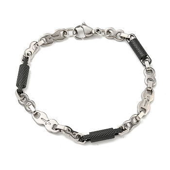 Two Tone 304 Stainless Steel Column & Cross Link Chain Bracelet, Black, 8-1/8 inch(20.6cm), Wide: 6mm