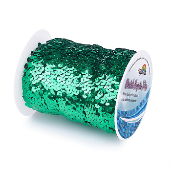 Plastic Paillette Elastic Beads, Sequins Beads, Ornament Accessories, 3 Rows Paillette Roll, Flat Round, Green, 25x1.5mm, 10m/roll