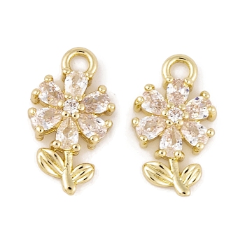 Brass Micro Pave Clear Cubic Zirconia Charms, Long-Lasting Plated, Flower, Real 14K Gold Plated, 13.5x7.5x3mm, Hole: 1.5mm
