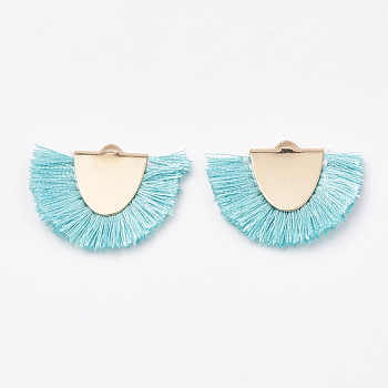 Polyester Tassel Pendant Decorations, with Brass Findings, Semicircle, Light Gold, Pale Turquoise, 25~27x32~35x3mm, Hole: 3x1.5mm