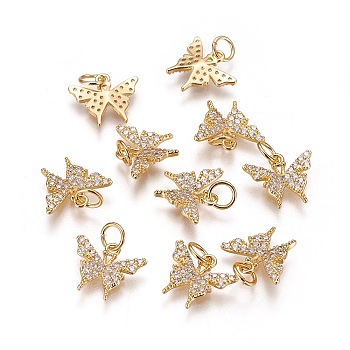 Brass Micro Pave Cubic Zirconia Charms, Long-Lasting Plated, Butterfly, Clear, Golden, 11x13x2mm, Hole: 3.5mm