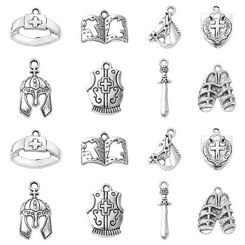 80Pcs 8 Styles Tibetan Style Alloy Pendants, Medieval War Theme Charm, Antique Silver, 13.5~23x5~20x2~4mm, Hole: 1.5~2mm, 10pcs/style