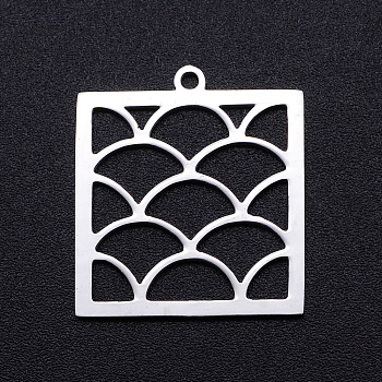 201 Stainless Steel Pendants, Filigree Joiners Findings, Laser Cut, Square with Spindrift, Stainless Steel Color, 22x20x1mm, Hole: 1.4mm