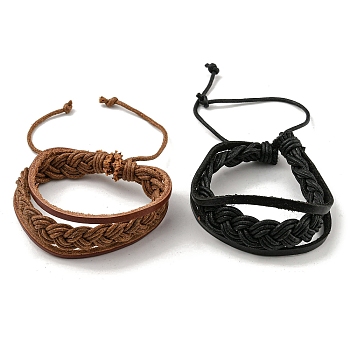 Adjustable PU Leather & Waxed Cords Triple Layer Multi-strands Bracelets, Mixed Color, Inner Diameter: 2-1/8~2-3/4 inch(5.4~7cm)