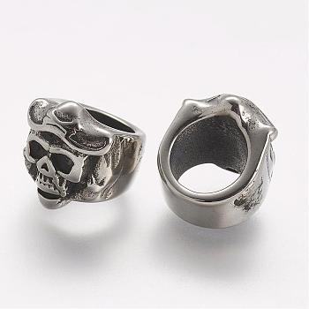 304 Stainless Steel Slide Charms, Skull, Large Hole Beads, Antique Silver, 11x13x12mm, Hole: 8mm
