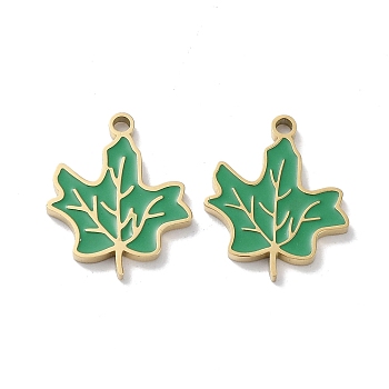 Ion Plating(IP) 304 Stainless Steel Enamel Pendants, Maple Leaf Charm, Golden, Sea Green, 16x13x1.5mm, Hole: 1.4mm