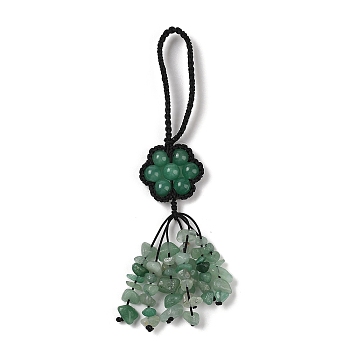 Flower Natural Green Aventurine Braided Thread Pendant Decorations, Gemstone Chip Tassel Hanging Ornaments, 140~150mm