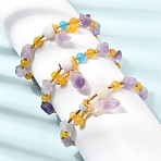 Raw Rough Natural Amethyst Nuggets Charm Beaded Stretch Bracelets for Women, with Gold Plastic Beads, Inner Diameter: 2.05~2.13 inch(5.2~5.4cm)(GG-CBA2C9C-07)