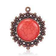 Alloy Pendants, with Synthetic Turquoise, Dyed, Flat Round, Nickel Free, Red Copper, FireBrick, 49x41x8mm, Hole: 3mm(PALLOY-J365-03R-NF)