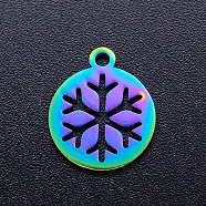 Ion Plating(IP) 201 Stainless Steel Charms, Flat Round with Christmas Snowflake, Rainbow Color, 14x12x1mm, Hole: 1.5mm(STAS-Q201-JN205)