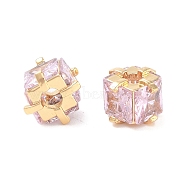 Brass Micro Pave Cubic Zirconia Beads, Square, Pearl Pink, Real 18K Gold Plated, 8x8x6.5mm, Hole: 1.8mm(KK-B102-31G-02)