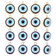 32Pcs 2 Colors Opaque Resin Evil Eye Pendants, Flat Round Charm, with 304 Stainless Steel Settings, Golden & Stainless Steel Color, 16.5x14x4.5mm, Hole: 2.3mm, 16pcs/color(RESI-AR0001-21)