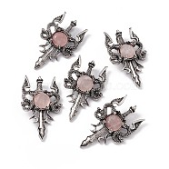 Natural Rose Quartz Pendants, Sword Charms, with Rack Plating Antique Silver Tone Alloy Findings, Cadmium Free & Lead Free, Faceted, 48x29x6.5mm, Hole: 6x3.5mm(G-H281-03F)