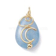 Natural Quartz Dyed Copper Wire Wrapped Pendants, Teardrop Charms with Moon, Imitation Aquamarine, Golden, 24x13x7.5~8mm, Hole: 2~2.5mm(PALLOY-JF02598-03)