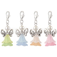 Angel Acrylic & Shell Pearl Pendant Decoration, Lobster Claw Clasps Charms for Bag Ornaments, Mixed Color, 42mm, 4pcs/set(HJEW-TA00275)