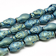 Electroplate Non-magnetic Synthetic Hematite Beads Strands, Matte Style, Buddha Head, Green Plated, 14x9.5x7.5mm, Hole: 1mm, about 28pcs/strand, 15.7 inch(G-T058-01F)