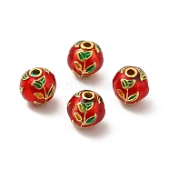 Alloy Beads, with Enamel, Golden, Round with Leaf, Red, 9mm, Hole: 1.8mm(ENAM-L038-A02)