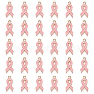 Alloy Enamel Pendants, October Breast Cancer Pink Awareness Ribbon Shape, Light Gold Plated, Pink, 20x10x2mm, Hole: 2mm(ENAM-YW0001-17C)