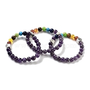 Chakra Round Natural Amethyst Beaded Stretch Bracelets, Paw Print Alloy Bracelets for Women, Inner Diameter: 2 inch(5.2cm)(BJEW-K251-05C)