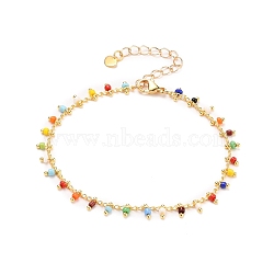 Glass Charm Bracelets, with Brass Curb Chains, 304 Stainless Steel Heart Charms & Lobster Claw Clasps, Real 18K Gold Plated, Colorful, 7-1/2 inch(19cm)(X-BJEW-JB05600-03)
