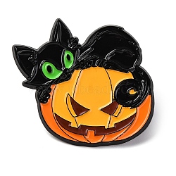 Halloween Black Cat with Pumpkin Enamel Pins, Alloy Brooches for Backpack Clothes, Dark Orange, 30x31mm(JEWB-S031-02A)