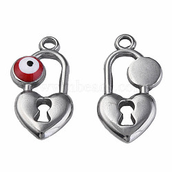 304 Stainless Steel Enamel Pendants, Heart Padlock with Evil Eye, Stainless Steel Color, Dark Red, 20x11x3mm, Hole: 1.8mm(STAS-N087-53-01P)