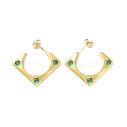 Cubic Zirconia Rectangle Stud Earrings, Golden 304 Stainless Steel Half Hoop Earrings for Women, Green, 19.5x20.5x2.5mm, Pin: 0.7mm(EJEW-A097-01G-01)