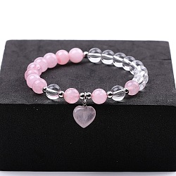 Round Natural Rose Quartz & Quartz Crystal Beaded Stretch Bracelets, Heart Charm Bracelets for Women(XW2849-1)