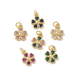 Brass Micro Pave Cubic Zirconia Pendants, Flower Charms, Rack Plating, Long-Lasting Plated, Cadmium Free & Lead Free, Real 18K Gold Plated, Mixed Color, 13.5x11x3mm, Hole: 3.5mm(KK-L268-031G)