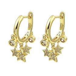 Rack Plating Brass Star Dangle Hoop Earrings with Cubic Zirconia, Long-Lasting Plated, Lead Free & Cadmium Free, Real 18K Gold Plated, 26x19x2.5mm(KK-B077-17G)