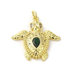 Rack Plating Brass Micro Pave Green Cubic Zirconia Pendants, with Jump Ring, Real 18K Gold Plated, Long-Lasting Plated, Cadmium Free & Lead Free, Tortoise, 25x25x4mm, Hole: 3mm(KK-C053-10G)