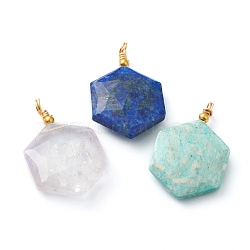Natural Lapis Lazuli & Quartz Crystal & Amazonite Pendants, with Golden Brass Loops, Faceted, Polygon, 34.5x20x7mm, Hole: 3mm(G-B009-04G)