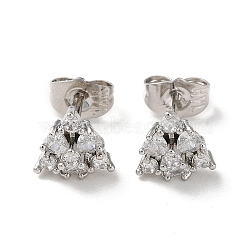 Brass Rhinestone Stud Earrings, Triangle, Platinum, 9x9.5mm(EJEW-Z021-35P)